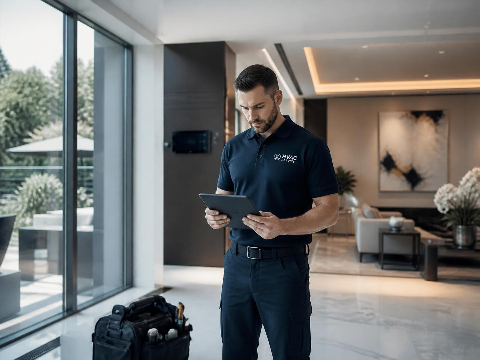 HVAC technician using a tablet inside a modern luxury home
