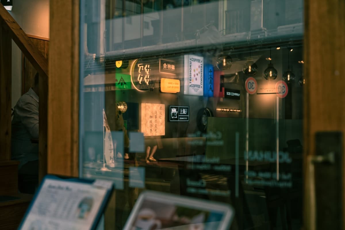 Illuminated independent storefront at night